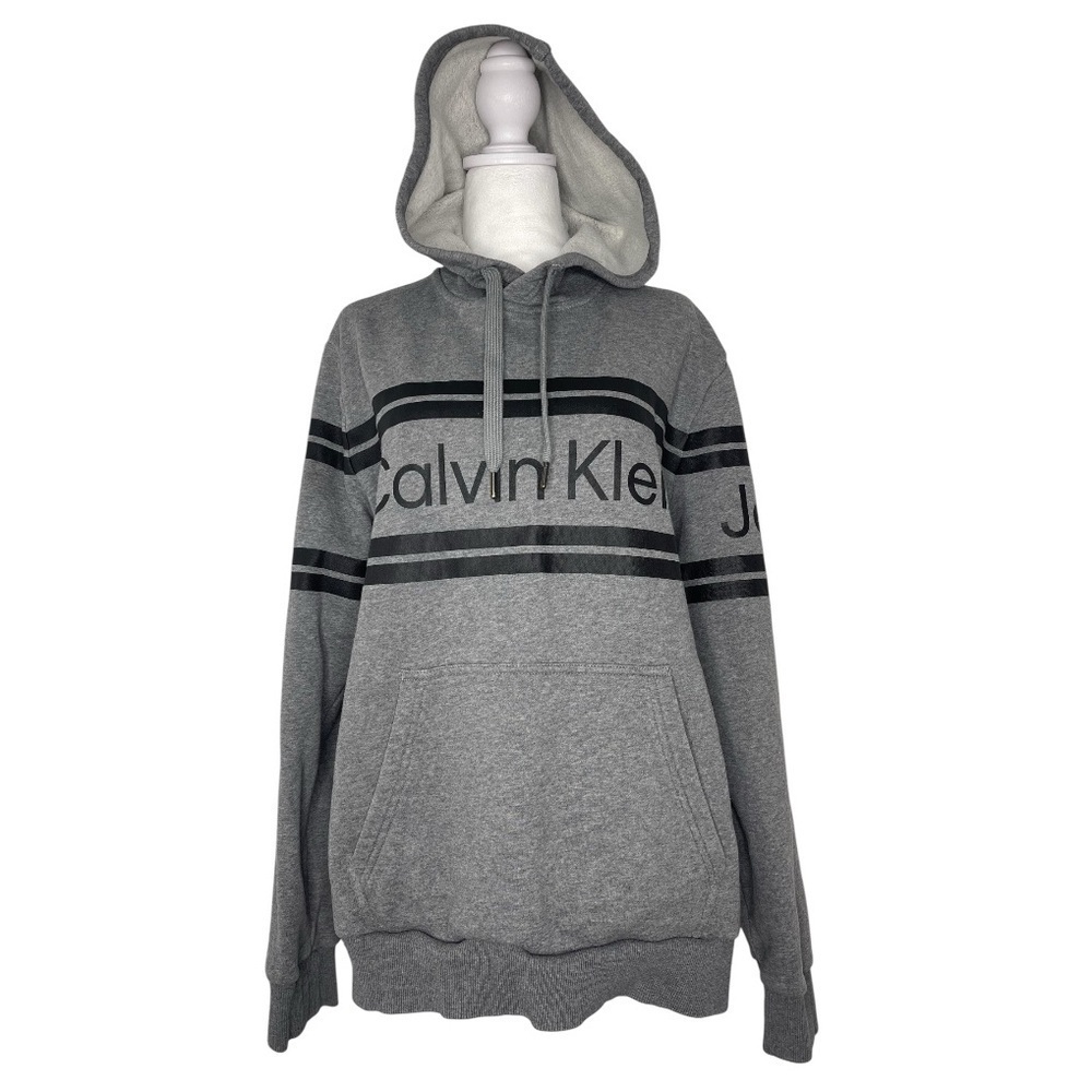 Calvin Klein Jeans Men's Charcoal Pullover Hoodie Stripes Streetwear Lg